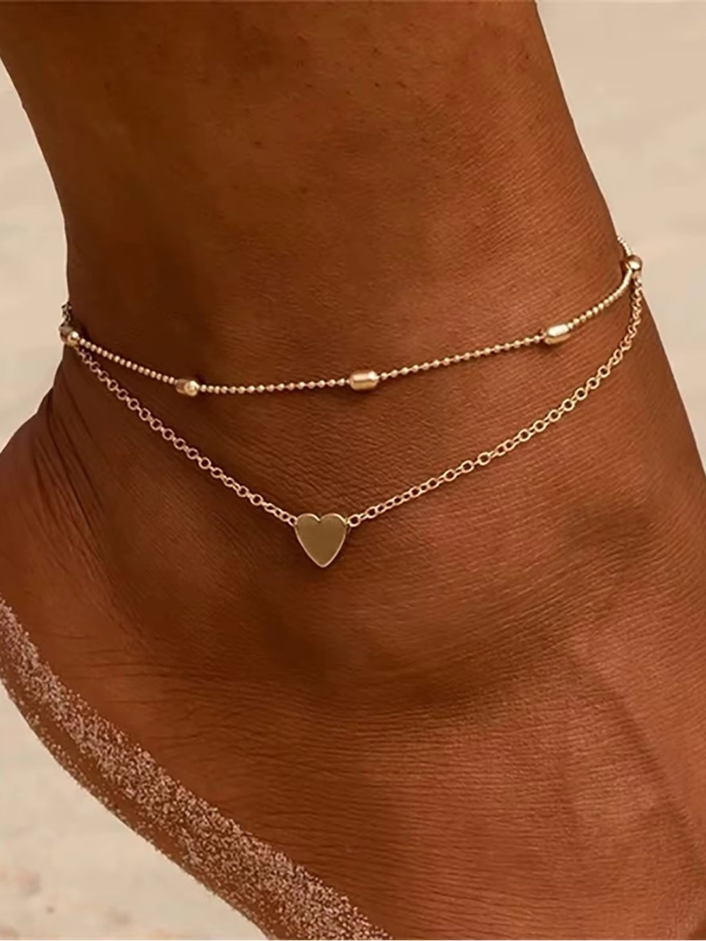 18K Gold Plated Double Layer Beaded Heart Charm Anklet